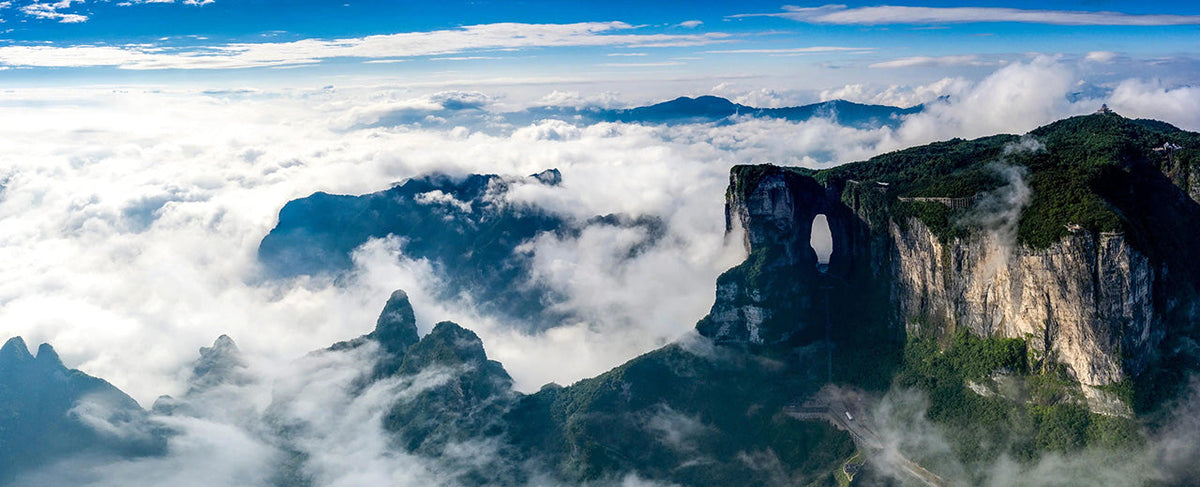 Aerial view of the sea of clouds over Tianmen Mountain in Zhangjiajie